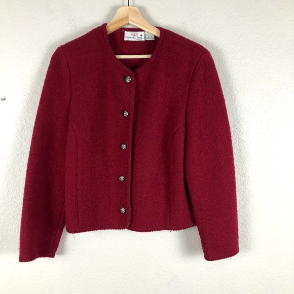 Vintage Carol Reed Blazer Jacket Red Wool Cropped Silver Detail Buttons Size 8 - Picture 1 of 12